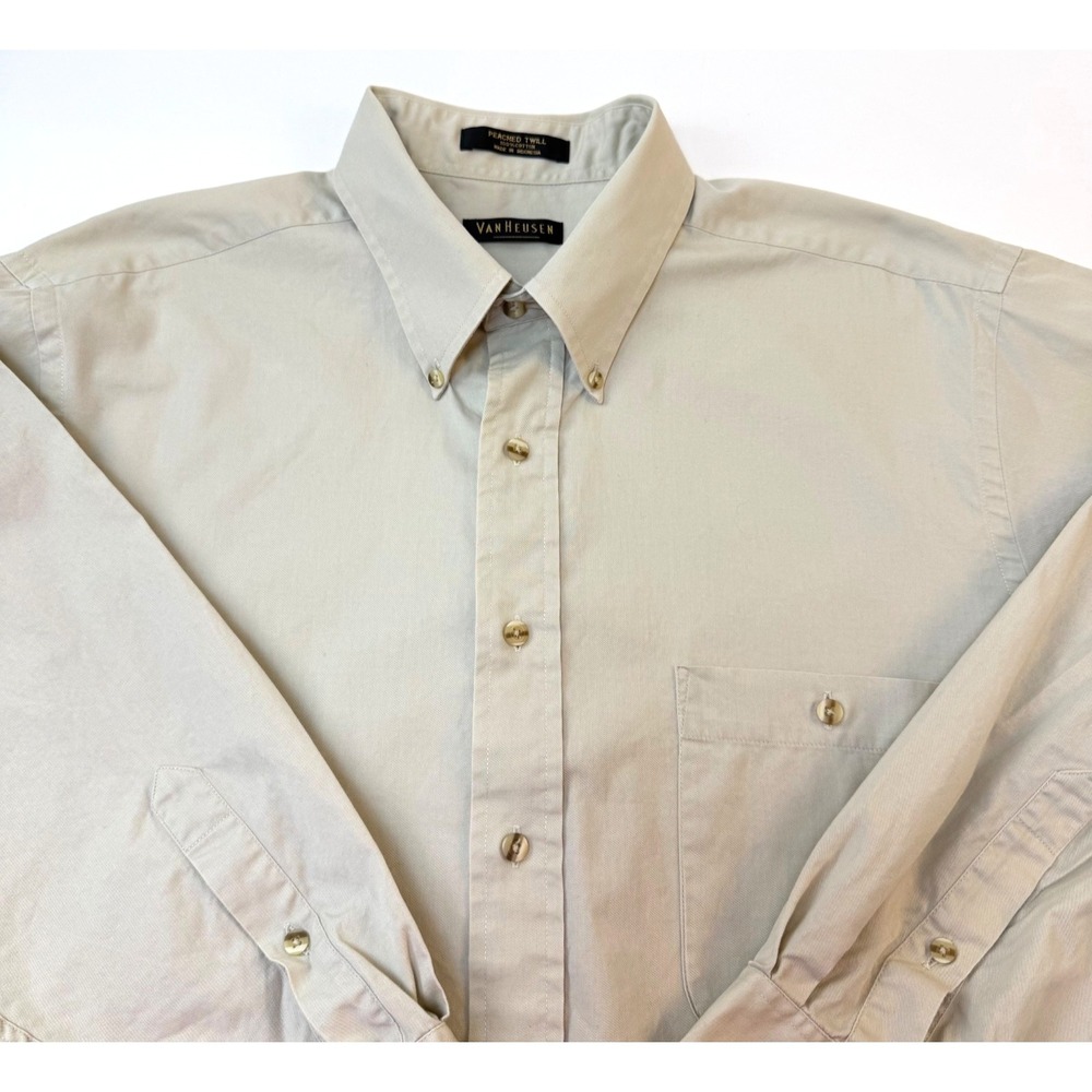 Van Heusen Mens Button-Down Long Sleeve Peached Twill Dress Shirt Tan Sz17 32/33